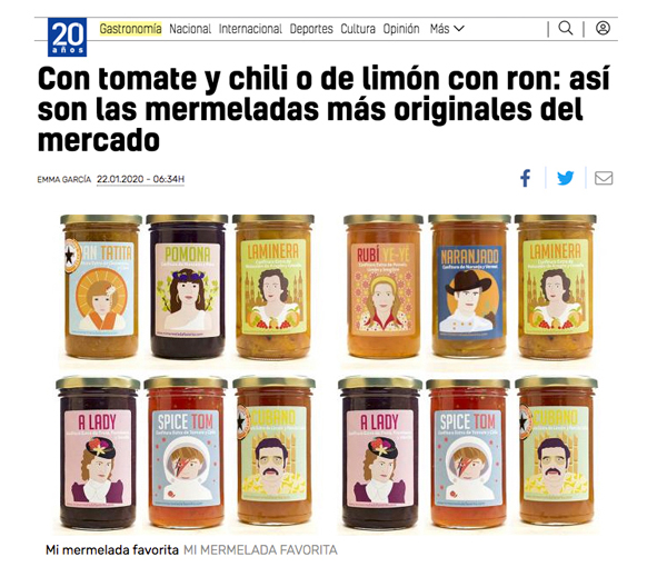 Imagen de un reportaje de la revista 20 minutos donde aparece un titular y una fotografía con botes de mermelada Mi MERMELADA favorita